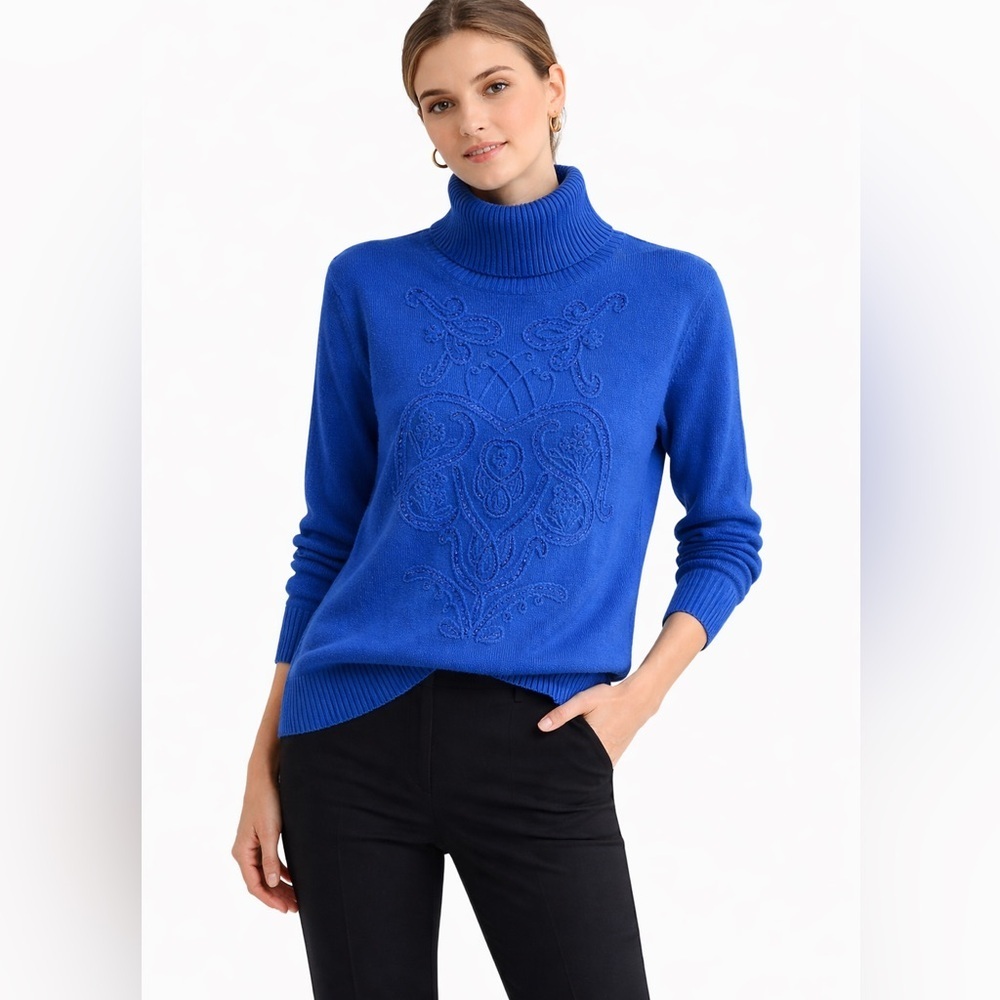 Oscar de la Renta VTG turtleneck sweater royal blue embroidered beaded XL